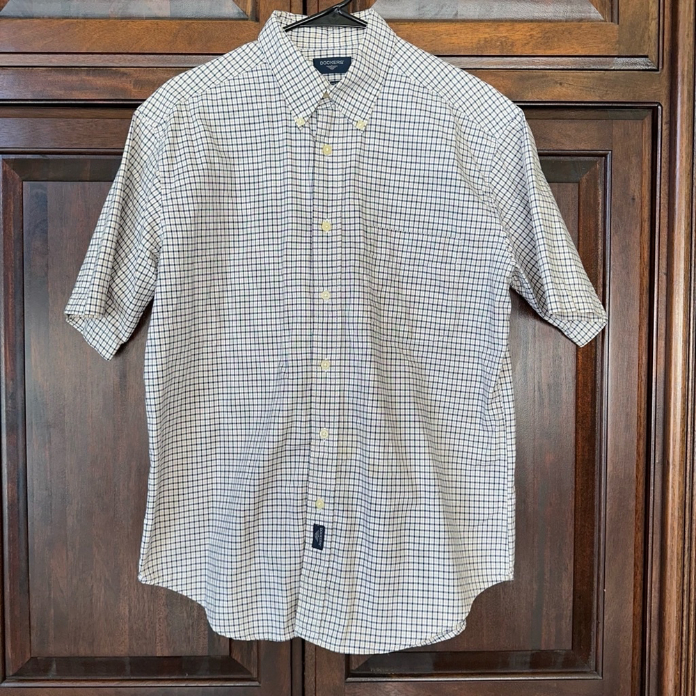 Dockers Men's Navy Cream Plaid SS Shirt Size M Seersucker Cotton Blend Button - Picture 7 of 12